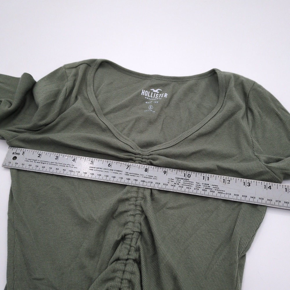 Hollister Ruched Front Crop Top Size S Olive Green Long Sleeve Drawstring Ribbed - Picture 4 of 8